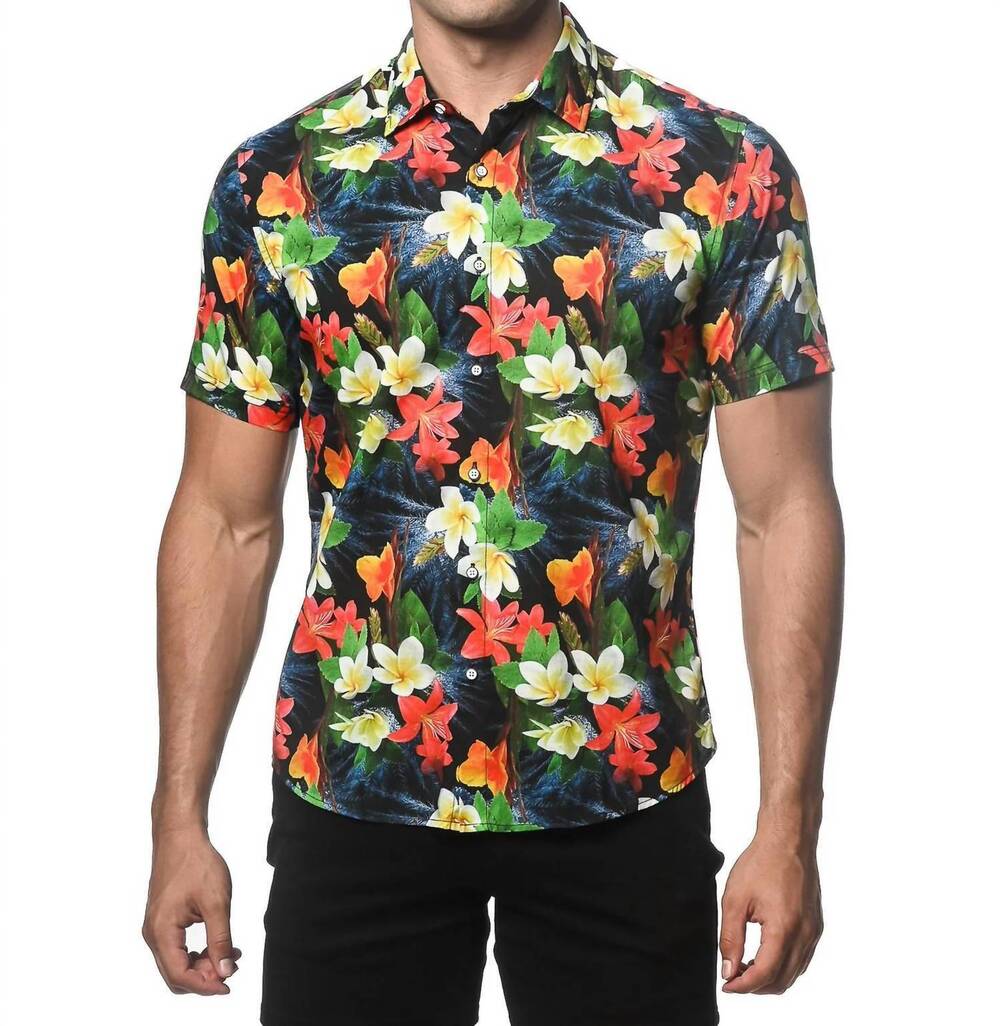 NEW POSTMARC tropics printed cotton tencel short sleeves woven shirt in navy/cri